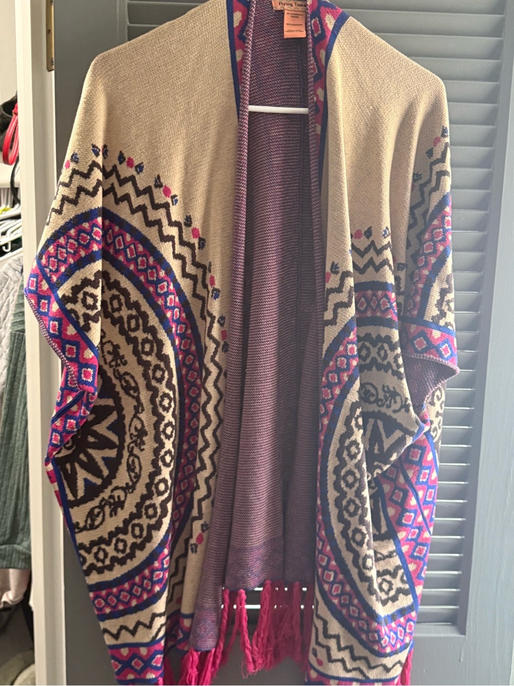 Boho Open-Front Fringe Cardigan Sweater - Beige with Pink & Blue